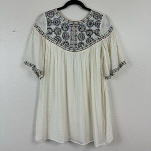 Entro Flowy Boho Embroidered Swiss Dot A-Line Mini Dress Ivory Multicolor Small